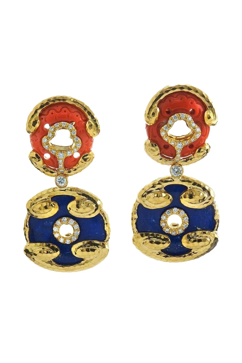 DAVID WEBB Diamond Lapis Lazuli Scroll Disk Earrings