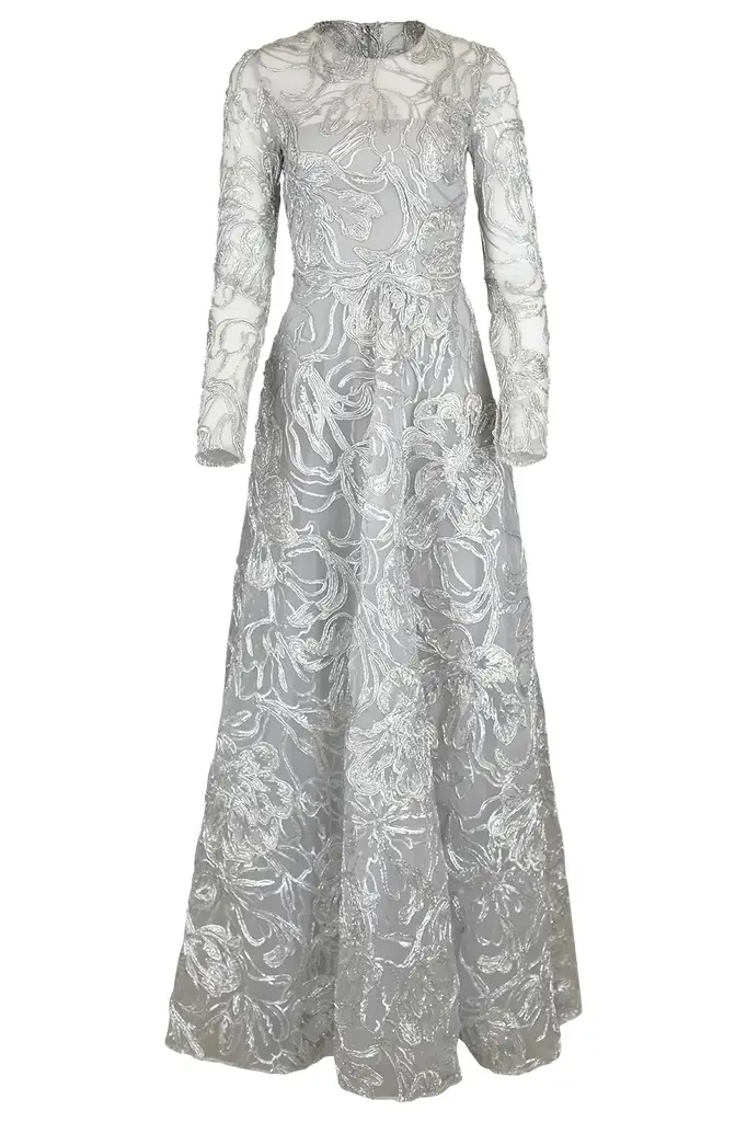 Metallic Floral Long Sleeve Gown