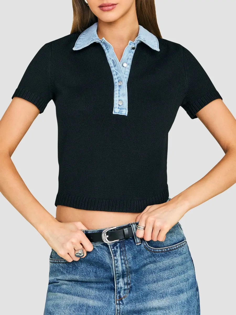 SEROYA Women's Erika Mixed-Media Short-Sleeve Polo Top | Thumbnail 3 SEROYA Women's Erika Mixed-Media Short-Sleeve Polo Top | Thumbnail 3