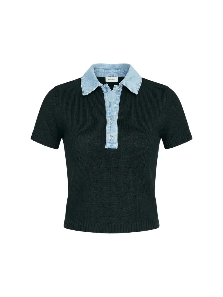 SEROYA Women's Erika Mixed-Media Short-Sleeve Polo Top