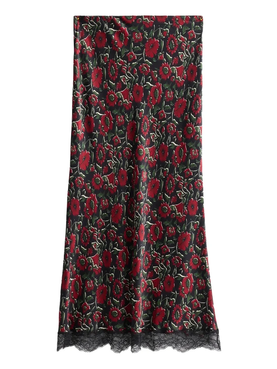 Women's Clover Floral Satin Midi Skirt