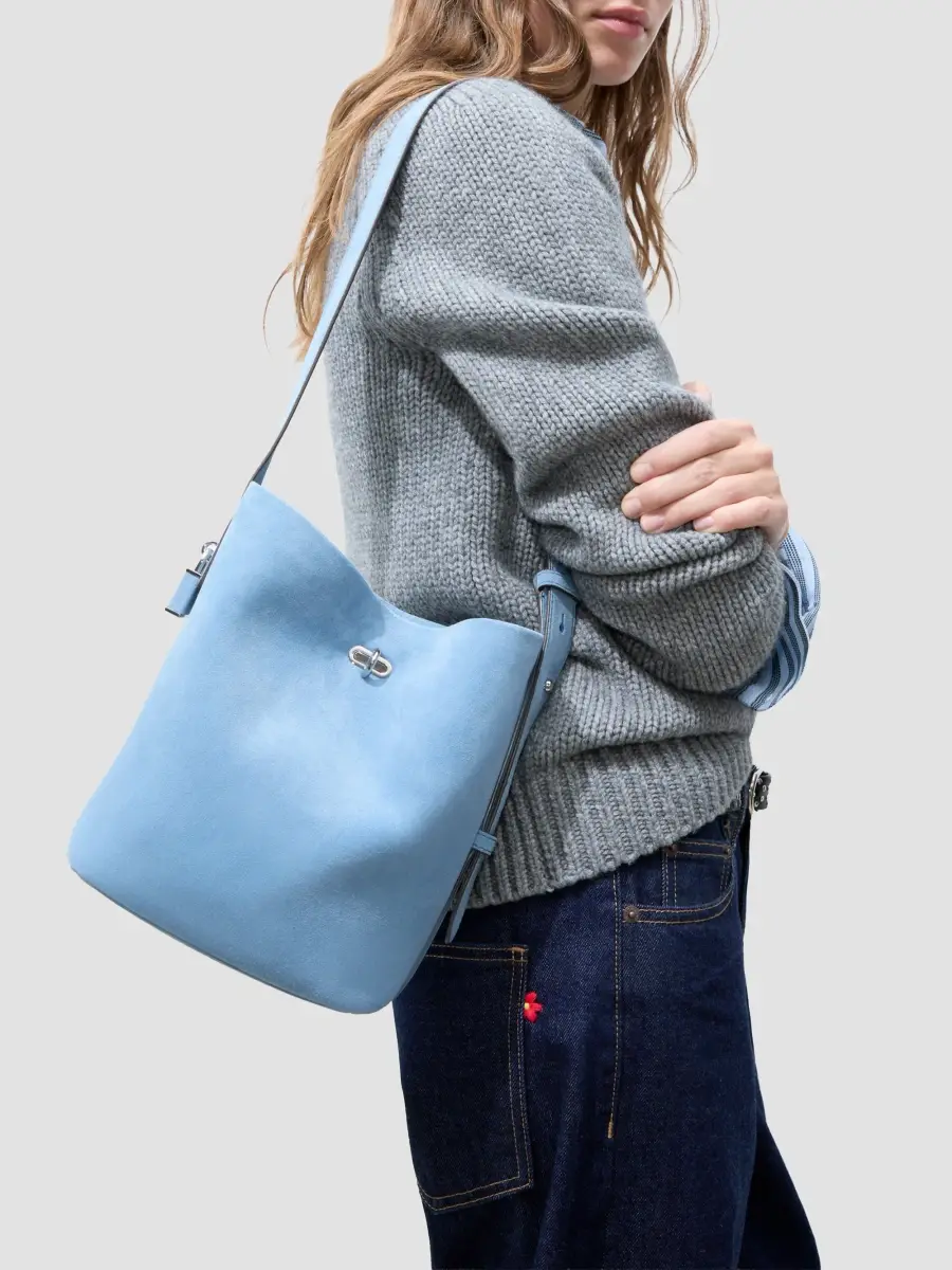 Tory Burch Women's Lock Medium Suede Slim Bucket Bag | Thumbnail 2 Tory Burch Women's Lock Medium Suede Slim Bucket Bag | Thumbnail 2