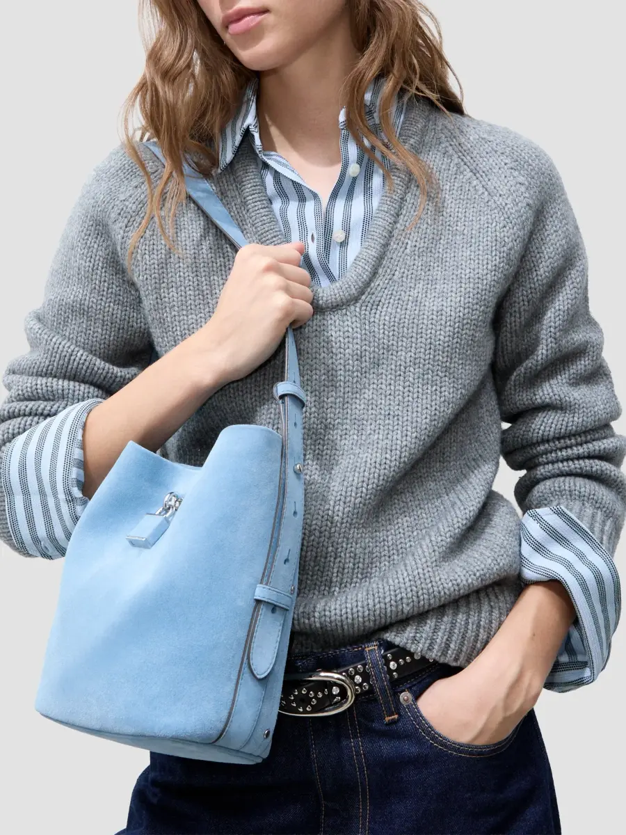 Tory Burch Women's Lock Medium Suede Slim Bucket Bag | Thumbnail 3 Tory Burch Women's Lock Medium Suede Slim Bucket Bag | Thumbnail 3