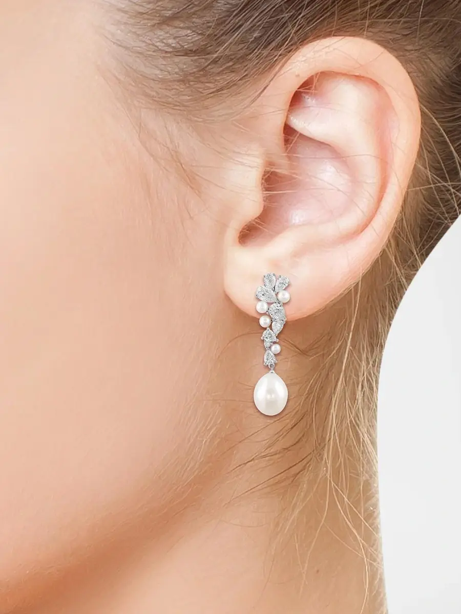 Lab Grown Diamonds with Pearl Women's 18K White Gold, 2.79 TCW Lab-Grown Diamond & Freshwater Pearl Drop Earrings | Thumbnail 2 Lab Grown Diamonds with Pearl Women's 18K White Gold, 2.79 TCW Lab-Grown Diamond & Freshwater Pearl Drop Earrings | Thumbnail 2