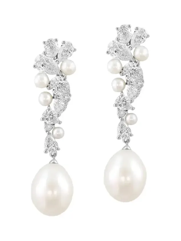 Lab Grown Diamonds with Pearl Women's 18K White Gold, 2.79 TCW Lab-Grown Diamond & Freshwater Pearl Drop Earrings