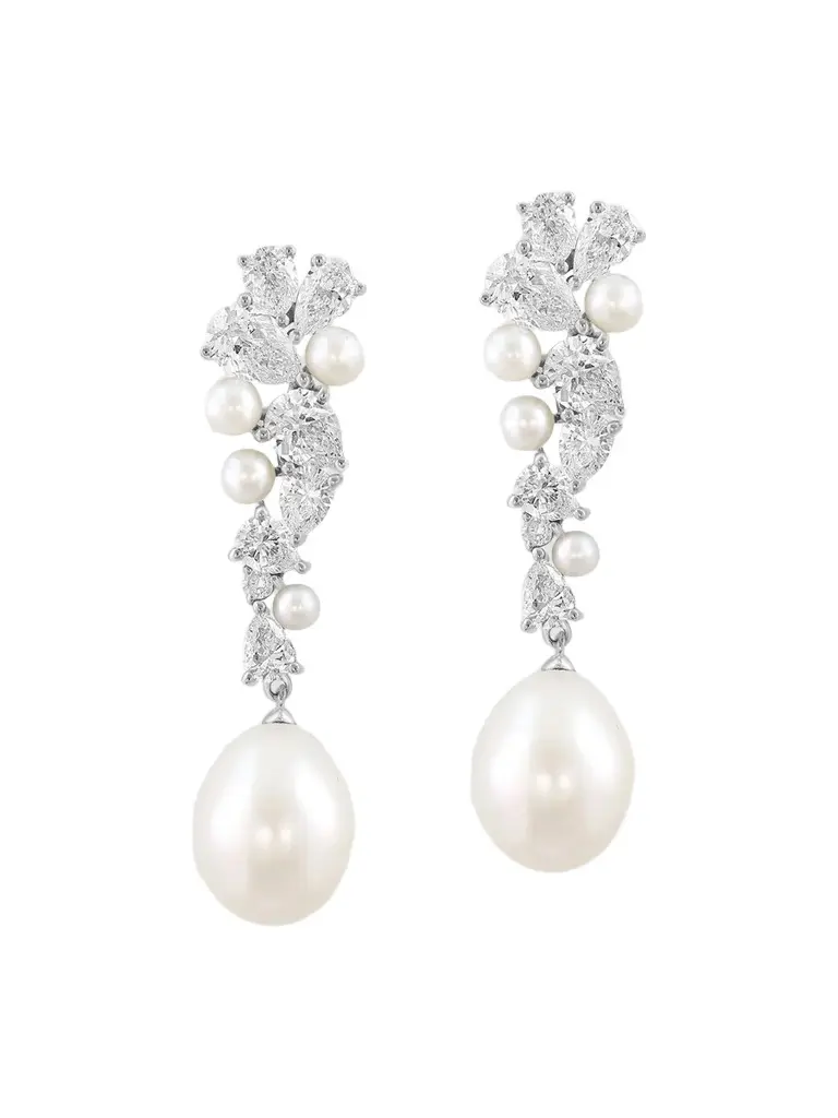 Women's 18K White Gold, 2.79 TCW Lab-Grown Diamond & Freshwater Pearl Drop Earrings Women's 18K White Gold, 2.79 TCW Lab-Grown Diamond & Freshwater Pearl Drop Earrings
