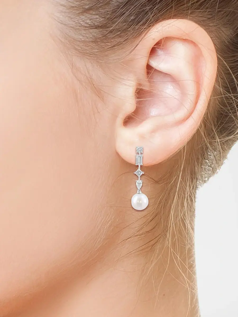 Lab Grown Diamonds with Pearl Women's 18K White Gold, 1.53 TCW Lab-Grown Diamond & Freshwater Pearl Drop Earrings | Thumbnail 2 Lab Grown Diamonds with Pearl Women's 18K White Gold, 1.53 TCW Lab-Grown Diamond & Freshwater Pearl Drop Earrings | Thumbnail 2