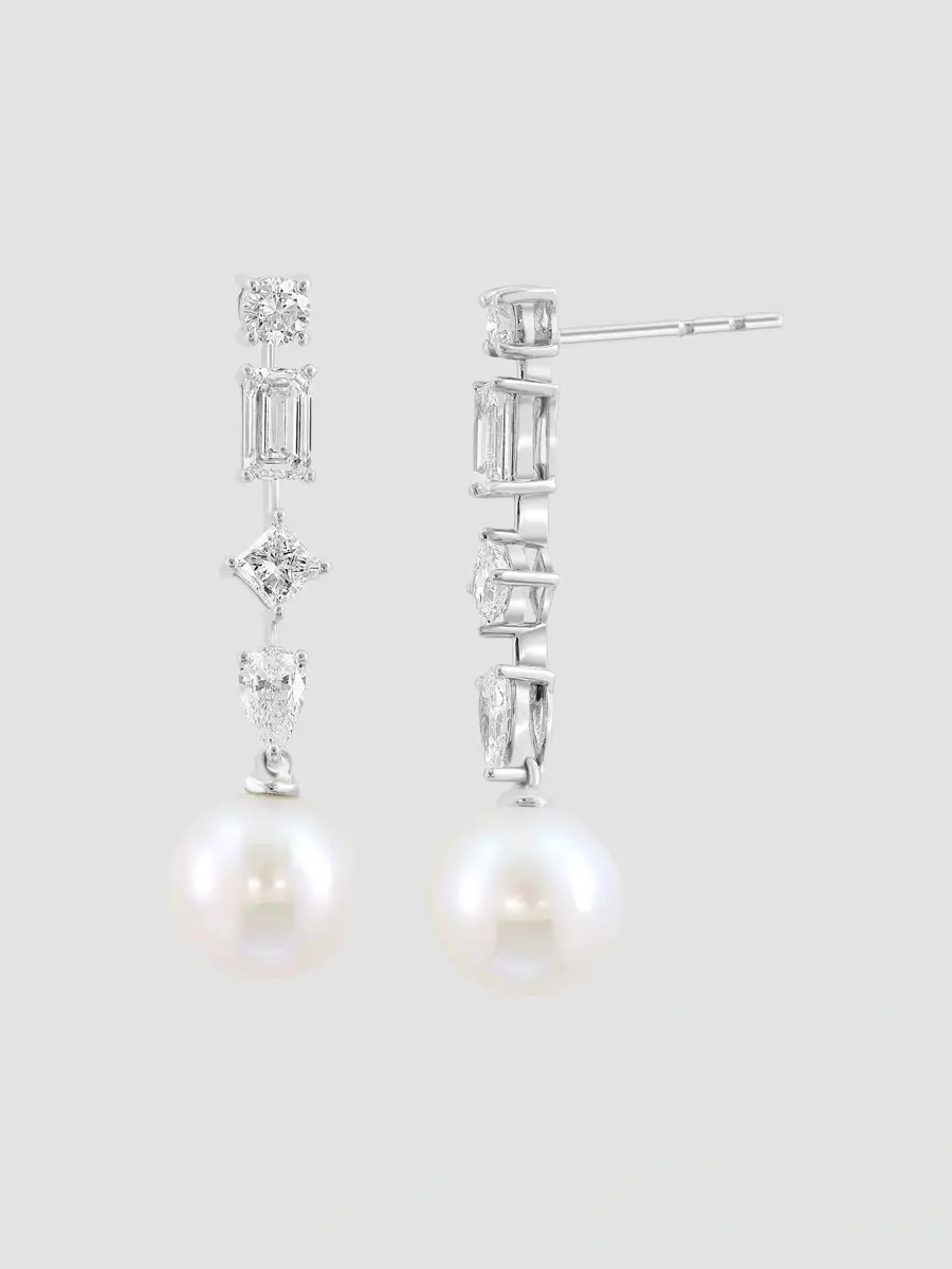 Lab Grown Diamonds with Pearl Women's 18K White Gold, 1.53 TCW Lab-Grown Diamond & Freshwater Pearl Drop Earrings | Thumbnail 3 Lab Grown Diamonds with Pearl Women's 18K White Gold, 1.53 TCW Lab-Grown Diamond & Freshwater Pearl Drop Earrings | Thumbnail 3