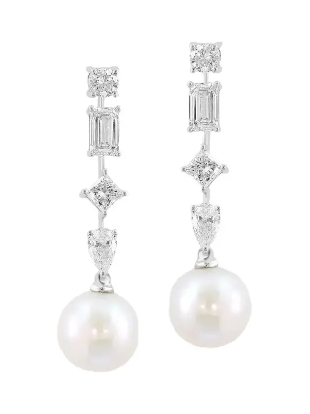 Lab Grown Diamonds with Pearl Women's 18K White Gold, 1.53 TCW Lab-Grown Diamond & Freshwater Pearl Drop Earrings
