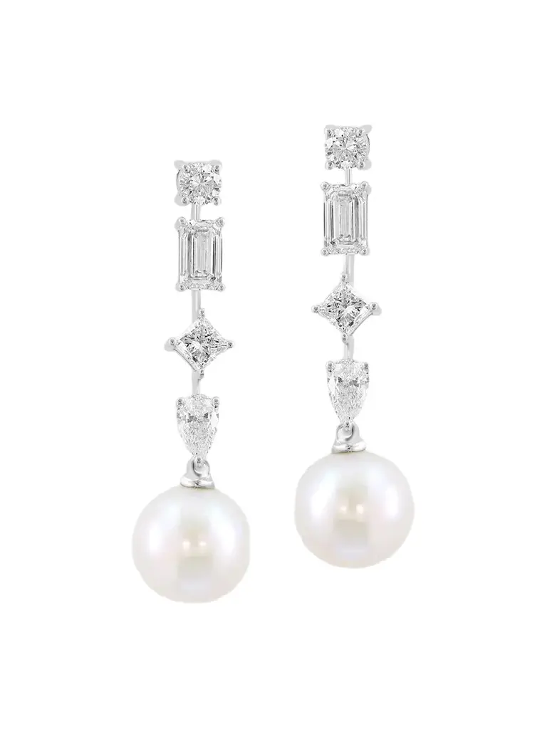 Lab Grown Diamonds with Pearl Women's 18K White Gold, 1.53 TCW Lab-Grown Diamond & Freshwater Pearl Drop Earrings
