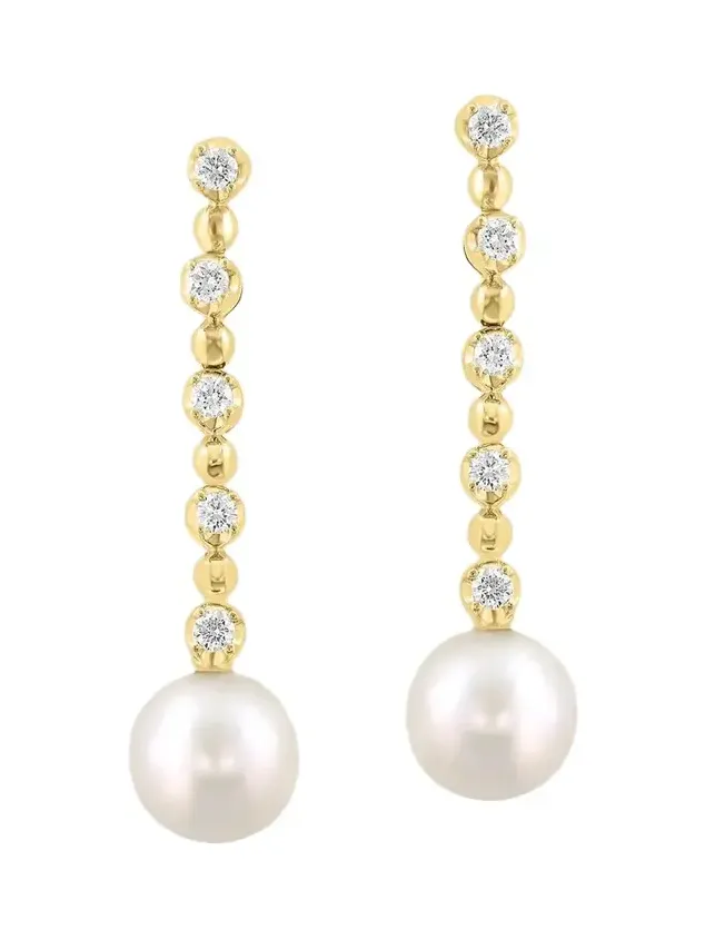 Women's 18K Yellow Gold, 0.29 TCW Lab-Grown Diamond & Freshwater Pearl Drop Earrings Women's 18K Yellow Gold, 0.29 TCW Lab-Grown Diamond & Freshwater Pearl Drop Earrings