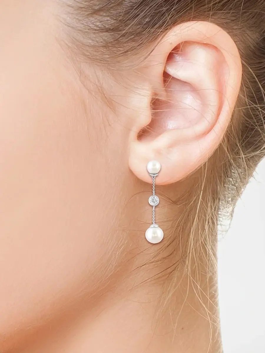 Lab Grown Diamonds with Pearl Women's 18K White Gold, 0.50 TCW Lab-Grown Diamond & Freshwater Pearl Drop Earrings | Thumbnail 2 Lab Grown Diamonds with Pearl Women's 18K White Gold, 0.50 TCW Lab-Grown Diamond & Freshwater Pearl Drop Earrings | Thumbnail 2