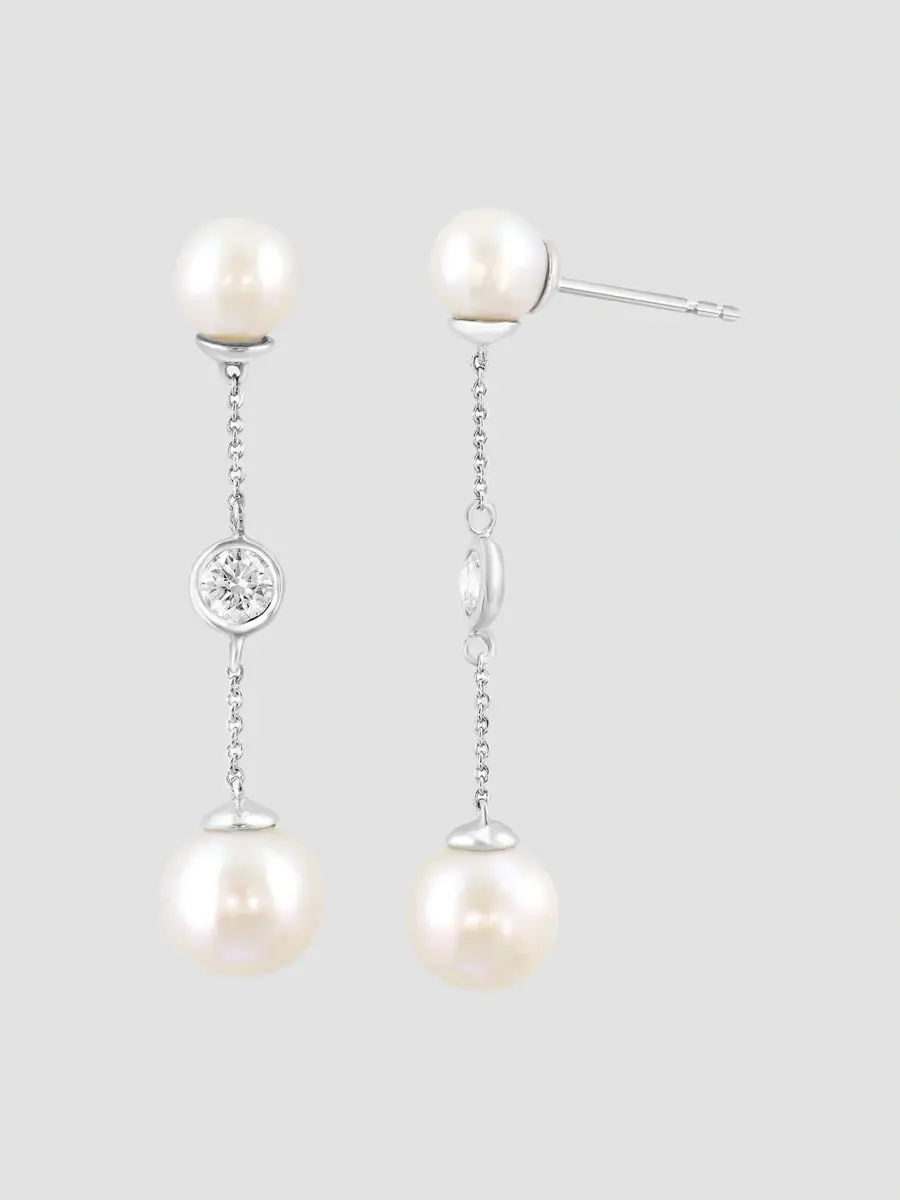 Lab Grown Diamonds with Pearl Women's 18K White Gold, 0.50 TCW Lab-Grown Diamond & Freshwater Pearl Drop Earrings | Thumbnail 3 Lab Grown Diamonds with Pearl Women's 18K White Gold, 0.50 TCW Lab-Grown Diamond & Freshwater Pearl Drop Earrings | Thumbnail 3