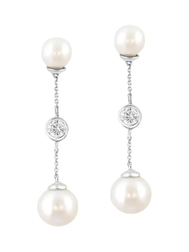 Lab Grown Diamonds with Pearl Women's 18K White Gold, 0.50 TCW Lab-Grown Diamond & Freshwater Pearl Drop Earrings