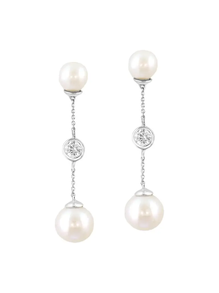 Lab Grown Diamonds with Pearl Women's 18K White Gold, 0.50 TCW Lab-Grown Diamond & Freshwater Pearl Drop Earrings
