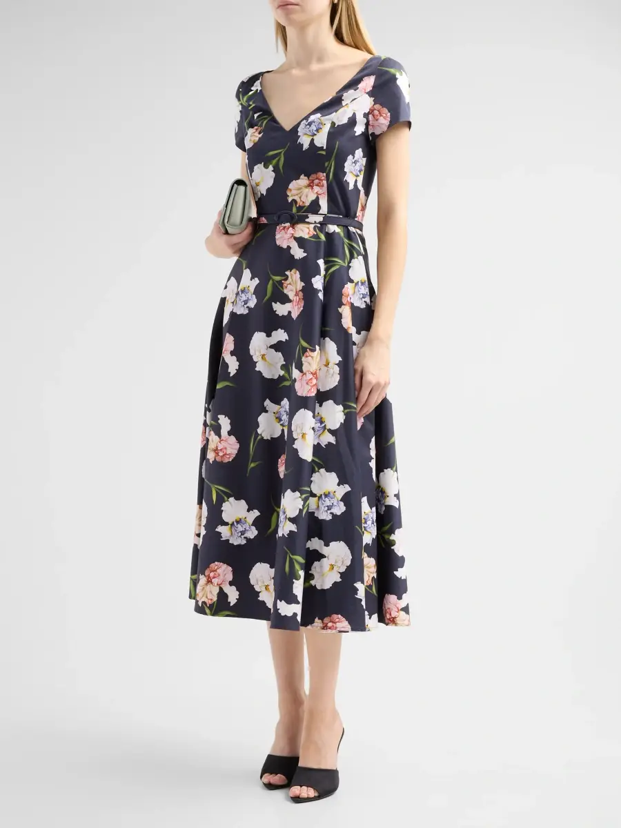 Oscar de la Renta Women's Painted Iris Poplin Day Dress | Thumbnail 4