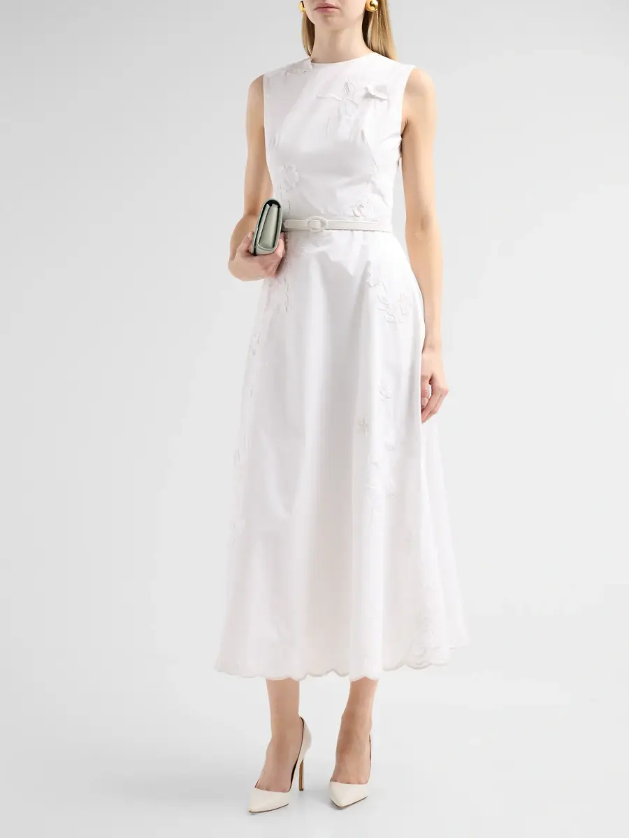Oscar de la Renta Women's Floral-Embroidered Poplin Sateen Day Dress | Thumbnail 4 Oscar de la Renta Women's Floral-Embroidered Poplin Sateen Day Dress | Thumbnail 4
