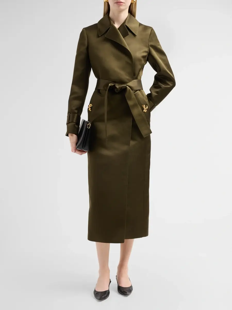 Oscar de la Renta Women's Brooch Silk Satin Gabardine Wrap Coat | Thumbnail 2