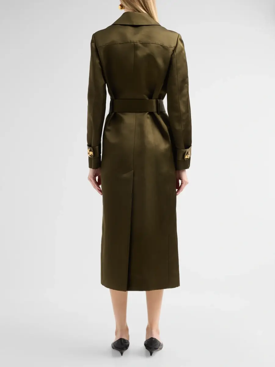 Oscar de la Renta Women's Brooch Silk Satin Gabardine Wrap Coat | Thumbnail 3