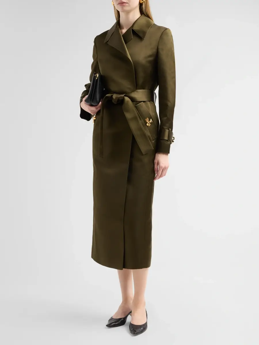 Oscar de la Renta Women's Brooch Silk Satin Gabardine Wrap Coat | Thumbnail 4