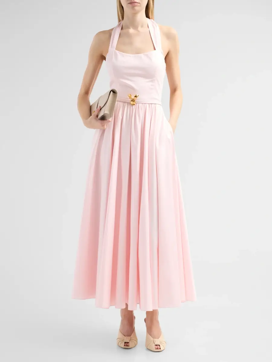 Oscar de la Renta Women's Brooch-Detail Poplin Halter Day Dress | Thumbnail 2 Oscar de la Renta Women's Brooch-Detail Poplin Halter Day Dress | Thumbnail 2