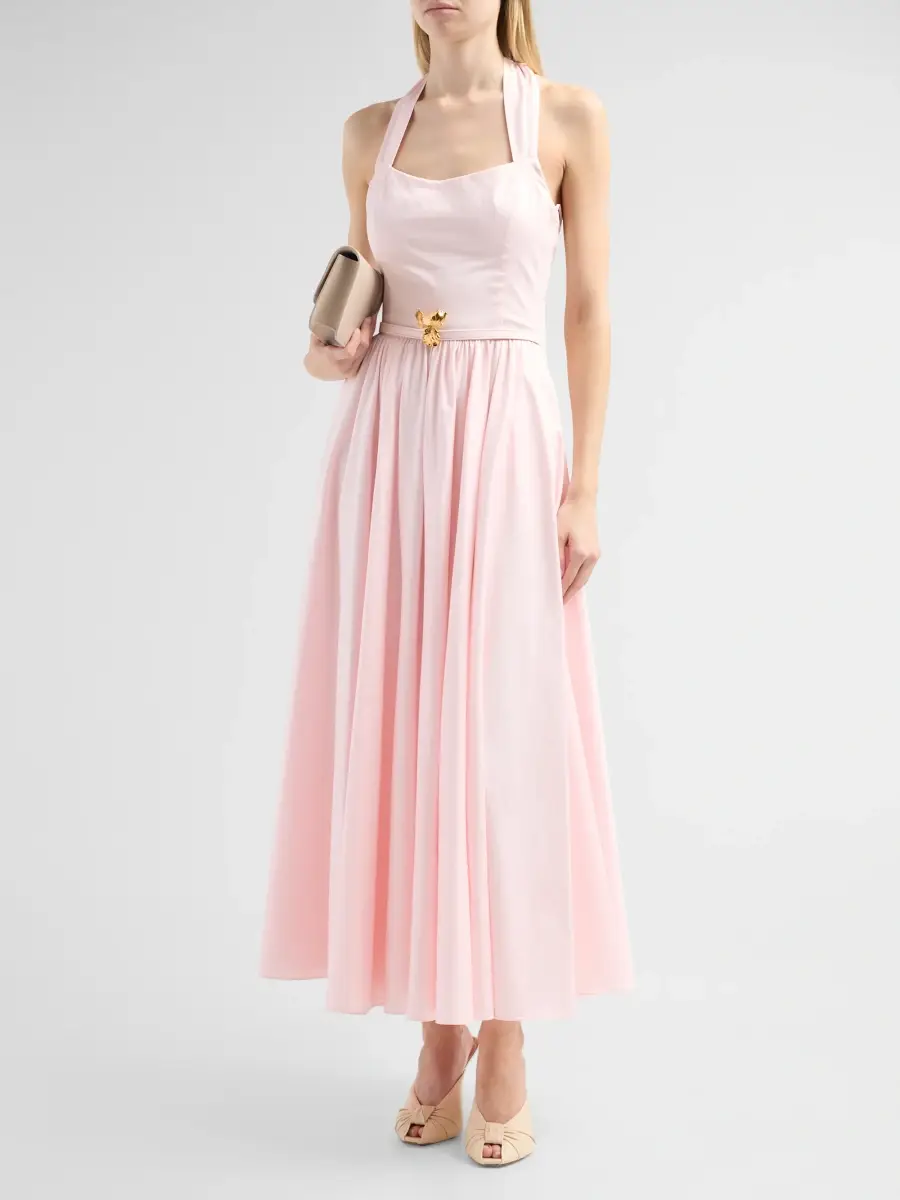Oscar de la Renta Women's Brooch-Detail Poplin Halter Day Dress | Thumbnail 4 Oscar de la Renta Women's Brooch-Detail Poplin Halter Day Dress | Thumbnail 4
