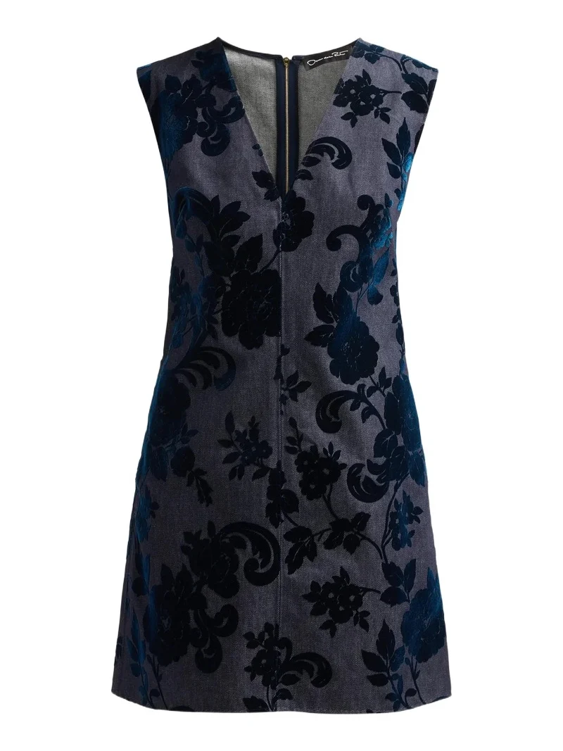 Women's Floral Flocked Denim Mini Dress