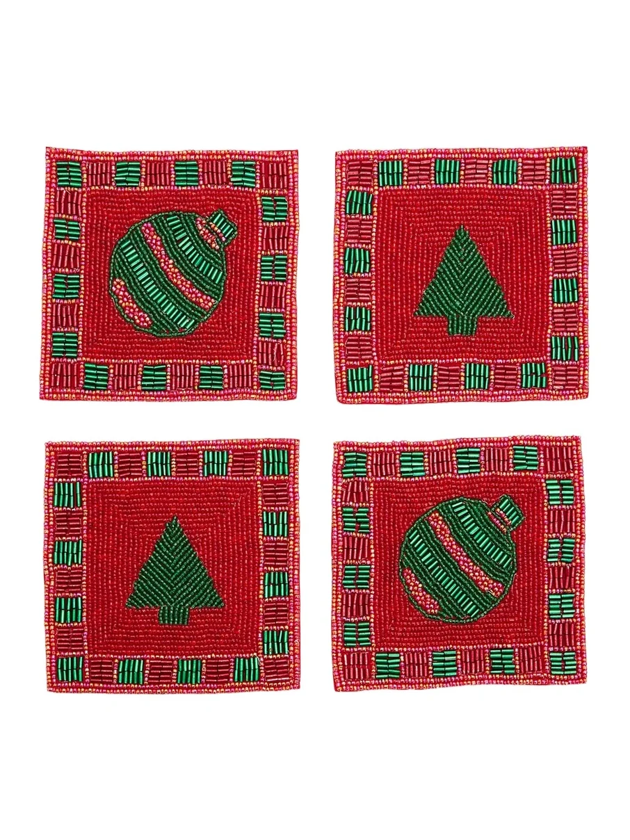 Sudha Pennathur Enchanted Evergreen Beaded Coaster 4-Piece Set