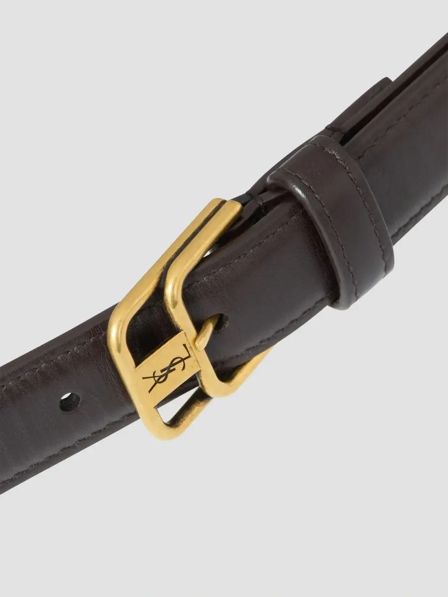 Saint Laurent Women's Cassandre Double-Buckle Thin Belt in Smooth Leather - Mountain Rock | Thumbnail 4