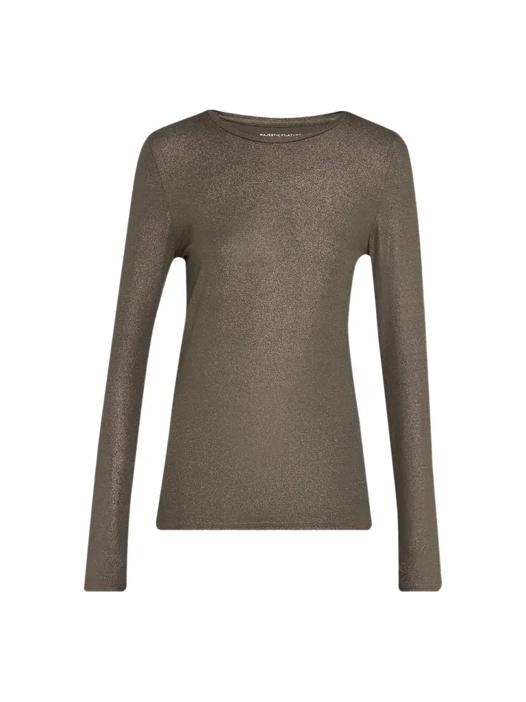 MAJESTIC FILATURES Women's Soft Touch Metallic Long-Sleeve Crewneck T-Shirt
