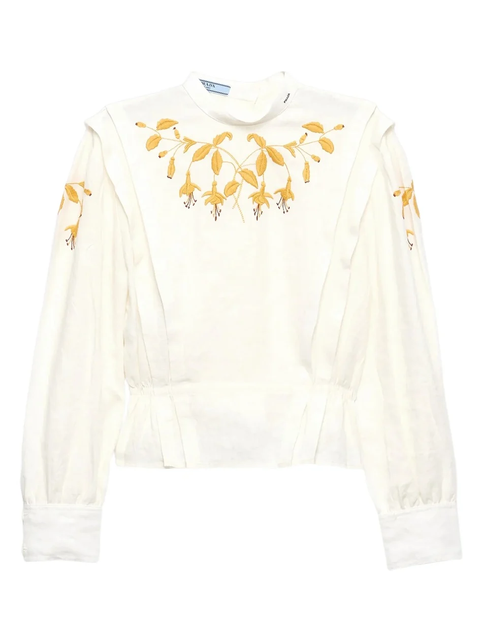 Prada Women's Embroidered Slubbed Fabric Top