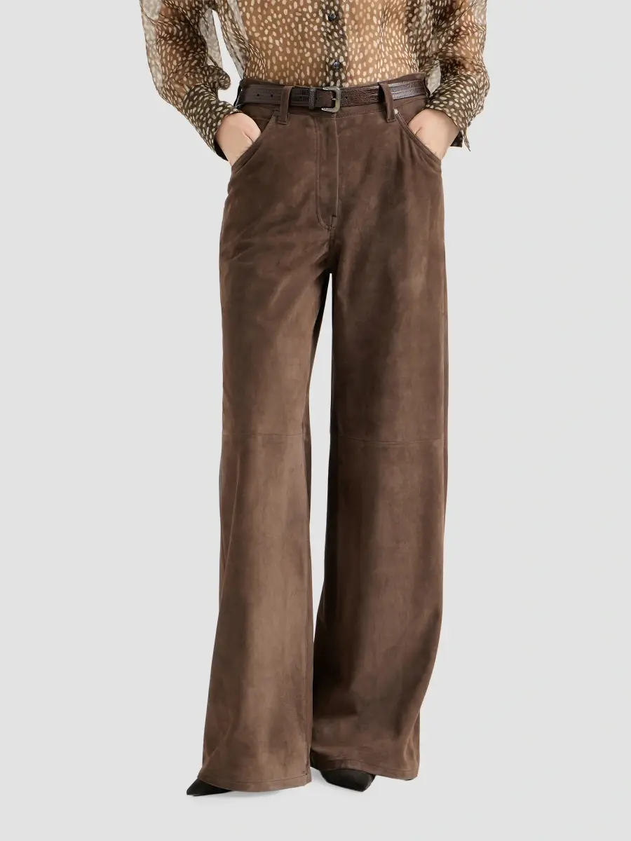 Brunello Cucinelli Women's Suede Baggy Trousers with Monili - Rust Brown | Thumbnail 2 Brunello Cucinelli Women's Suede Baggy Trousers with Monili - Rust Brown | Thumbnail 2
