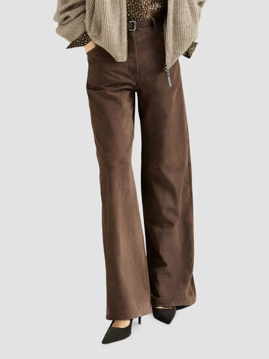Brunello Cucinelli Women's Suede Baggy Trousers with Monili - Rust Brown | Thumbnail 4 Brunello Cucinelli Women's Suede Baggy Trousers with Monili - Rust Brown | Thumbnail 4