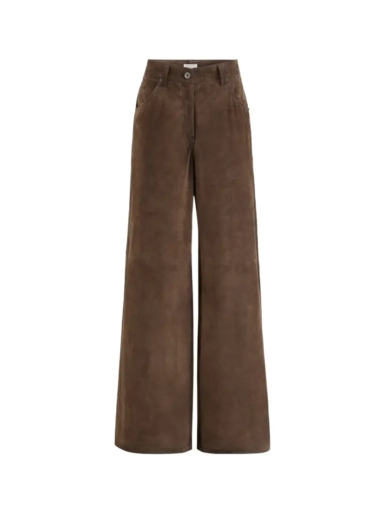 Brunello Cucinelli Women's Suede Baggy Trousers with Monili - Rust Brown