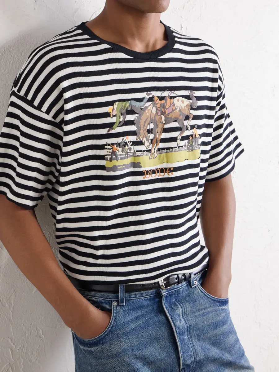 BODE Printed Striped Ribbed Cotton-Jersey T-Shirt - Men | Thumbnail 5