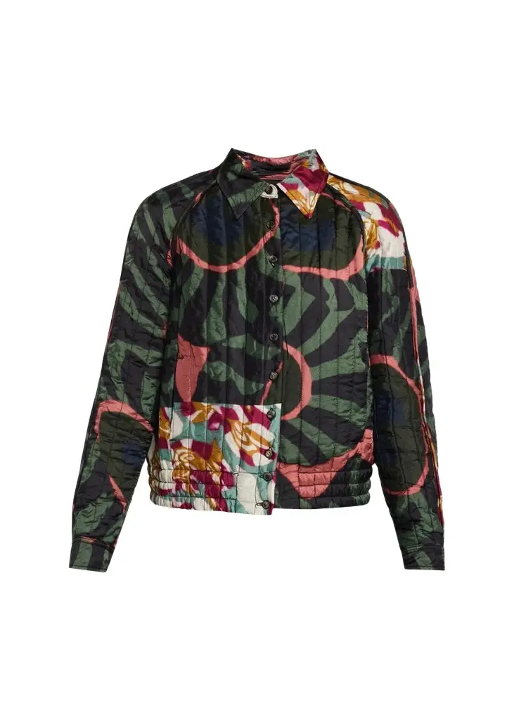 Valoria Patchwork-Print Quilted Satin Shirt Jacket Valoria Patchwork-Print Quilted Satin Shirt Jacket
