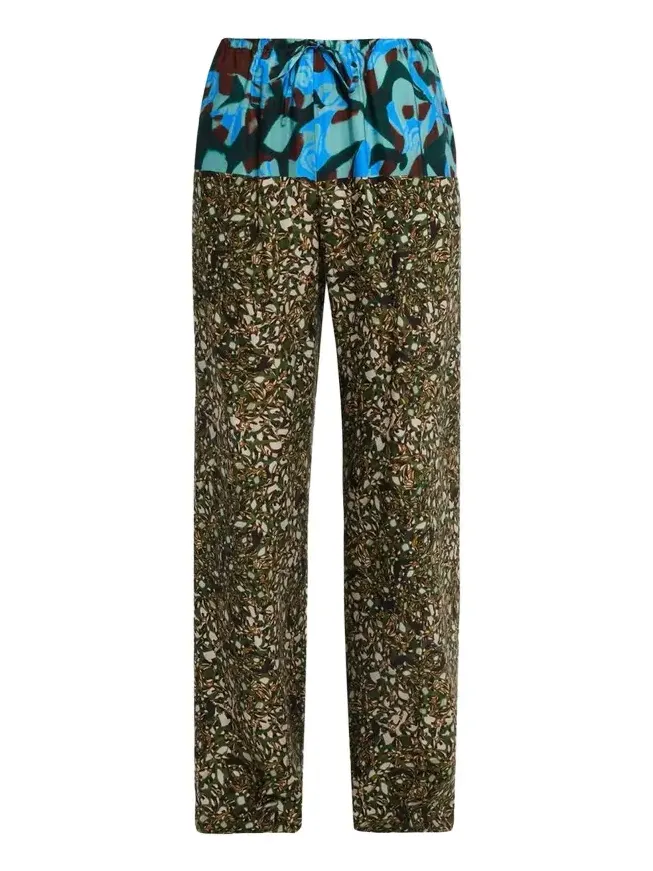 Dries Van Noten Mixed Marbled-Print Wide-Leg Drawstring Pants
