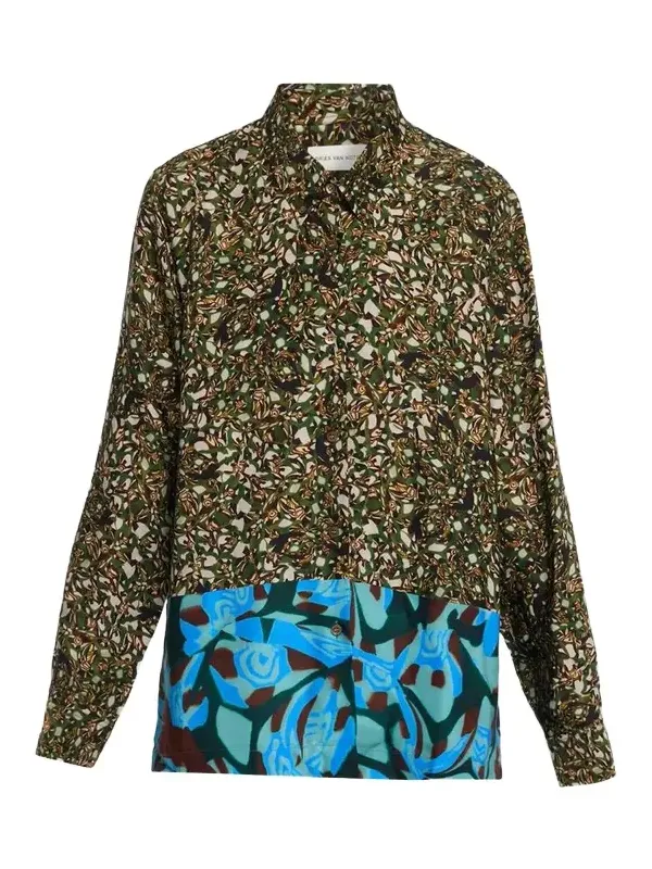Dries Van Noten Colorblock Marble-Print Button-Down Shirt
