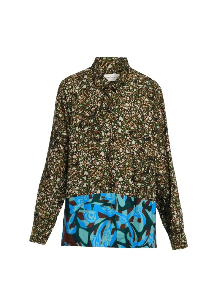 Colorblock Marble-Print Button-Down Shirt