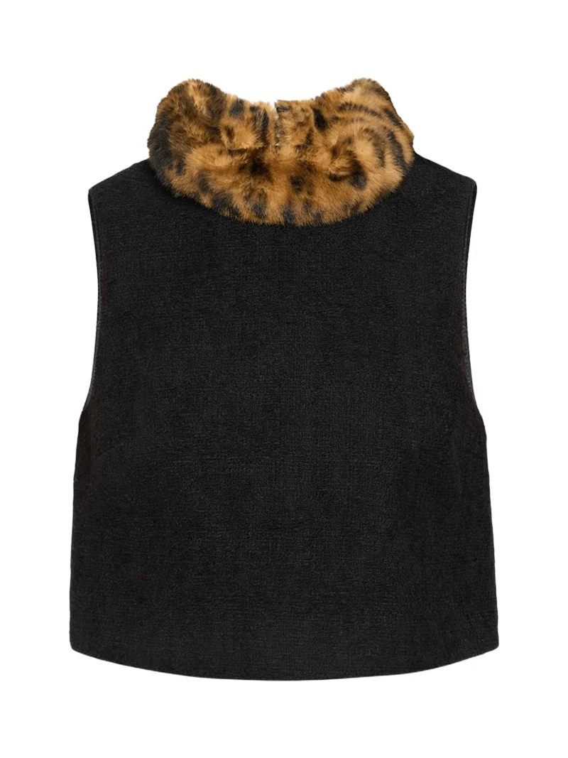 Cara Cara Gina Faux Fur-Collar Tweed Boucle Top