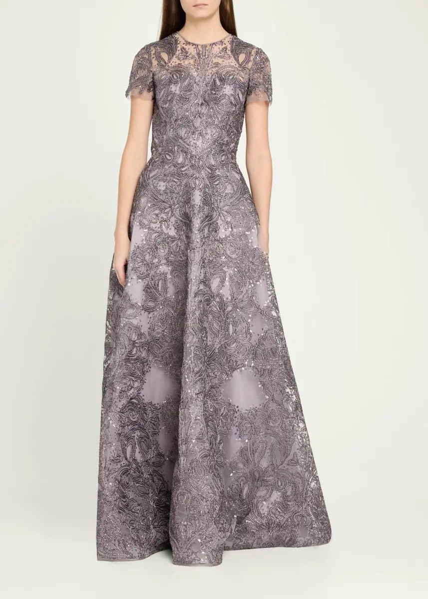 Naeem Khan Short-Sleeve Metallic Raffia Embroidered Gown | Thumbnail 2 Naeem Khan Short-Sleeve Metallic Raffia Embroidered Gown | Thumbnail 2
