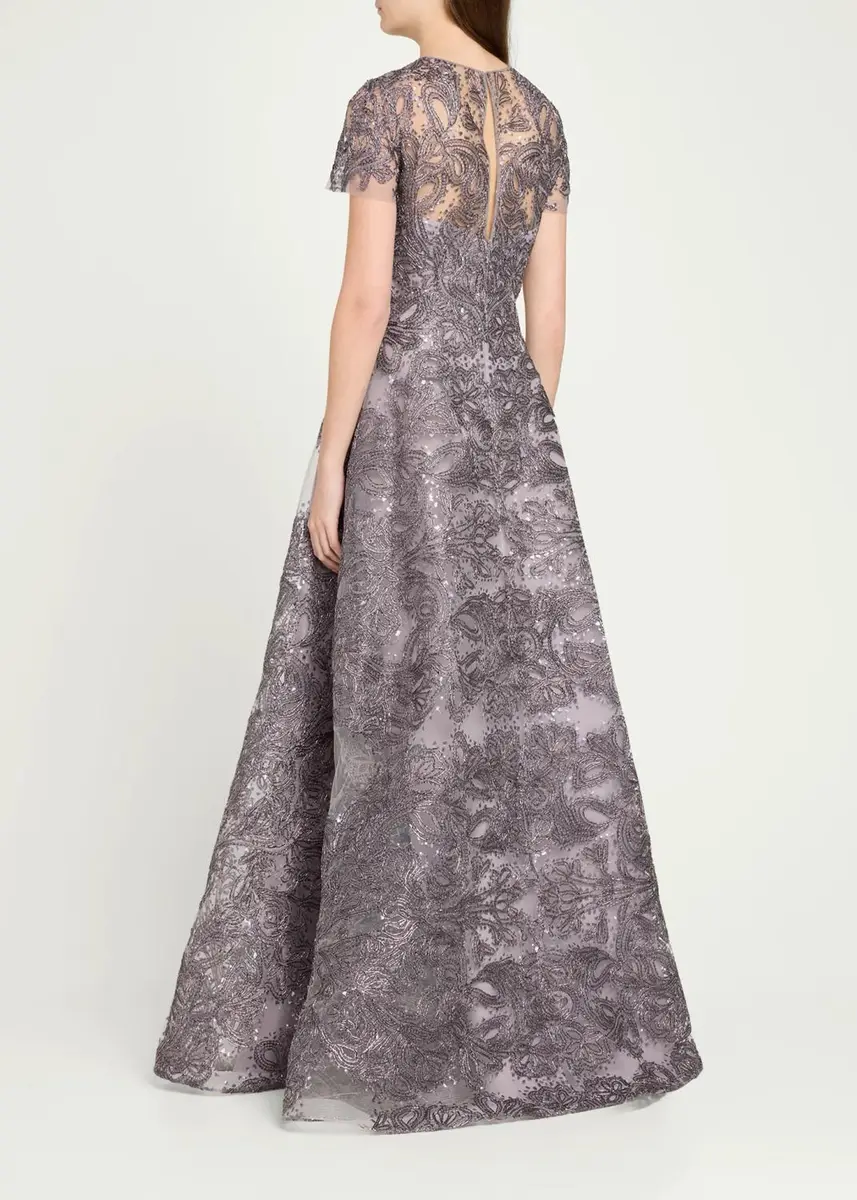 Naeem Khan Short-Sleeve Metallic Raffia Embroidered Gown | Thumbnail 3 Naeem Khan Short-Sleeve Metallic Raffia Embroidered Gown | Thumbnail 3