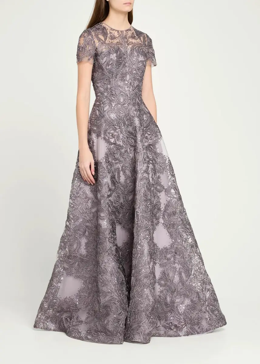 Naeem Khan Short-Sleeve Metallic Raffia Embroidered Gown | Thumbnail 4 Naeem Khan Short-Sleeve Metallic Raffia Embroidered Gown | Thumbnail 4