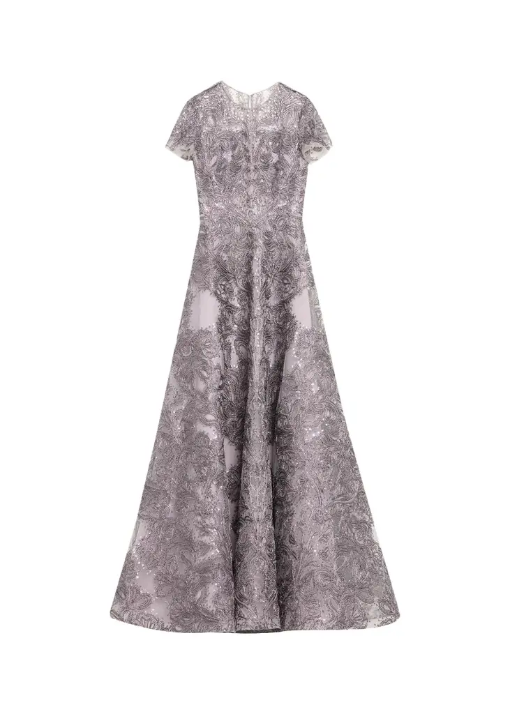 Short-Sleeve Metallic Raffia Embroidered Gown Short-Sleeve Metallic Raffia Embroidered Gown