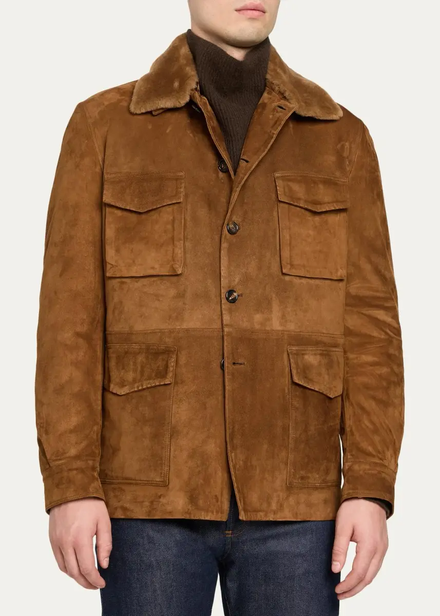 Cesare Attolini Men's Faux-Fur Collar Suede Jacket | Thumbnail 4 Cesare Attolini Men's Faux-Fur Collar Suede Jacket | Thumbnail 4