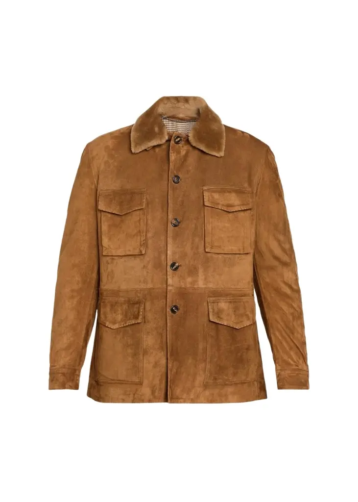 Cesare Attolini Men's Faux-Fur Collar Suede Jacket