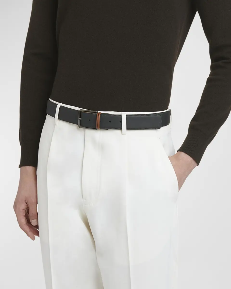 Zegna Men's Signifier Stripe Reversible Leather Belt | Thumbnail 2 Zegna Men's Signifier Stripe Reversible Leather Belt | Thumbnail 2