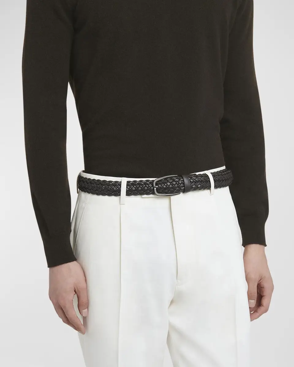 Zegna Men's Braided Leather Vendome-Buckle Belt | Thumbnail 2 Zegna Men's Braided Leather Vendome-Buckle Belt | Thumbnail 2
