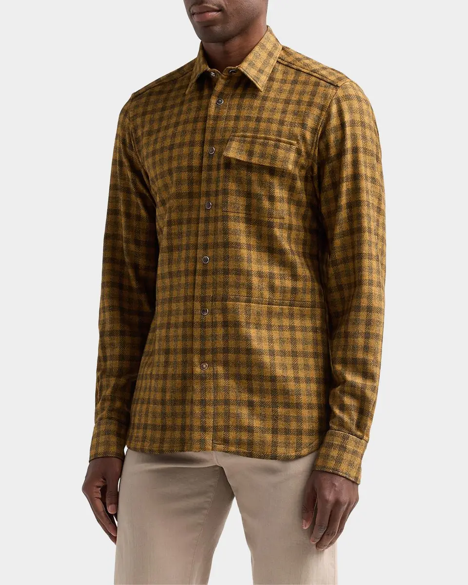 Kiton Men's Buba Plaid Cashmere Snap-Front Shirt | Thumbnail 5
