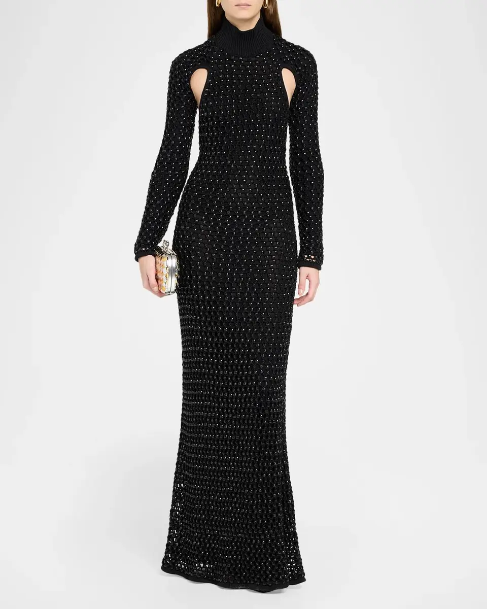 Diotima Femme Embellished Crochet Long-Sleeve Backless Maxi Dress | Thumbnail 2